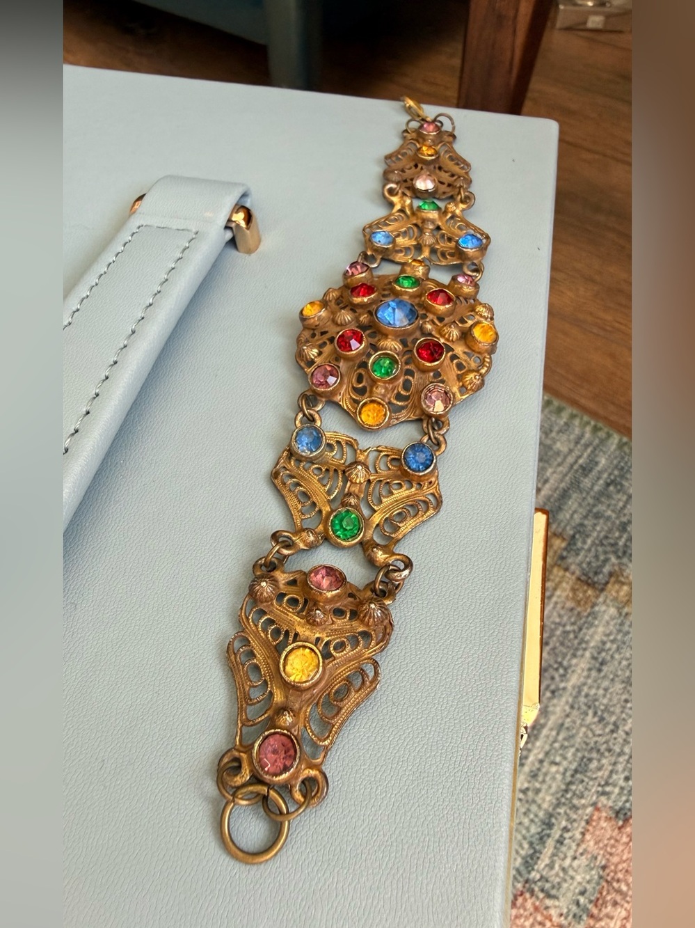 1930s Art Deco Czech Rainbow Glass Filigree Bracelet - Picture 12 of 12